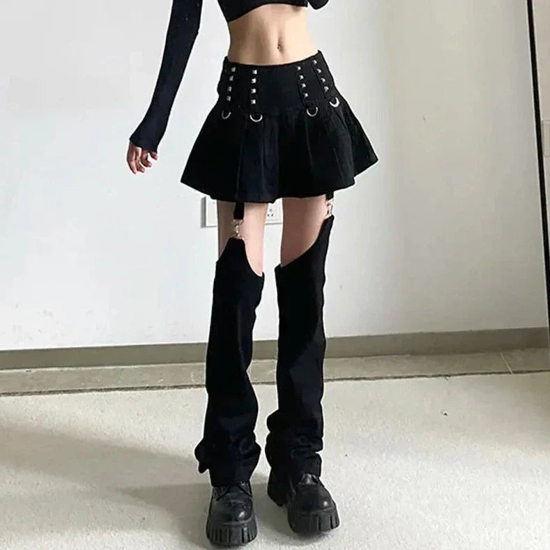 Gothic Y2K Outfit Set - Mini Skirt, Leg Warmers, Handbag