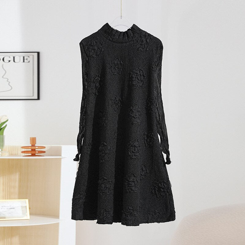 Dresses for Women Autumn Winter New Long Sleeve Half Turtleneck Embroidery Loose Large Size Fashion Elegant Casua Dress