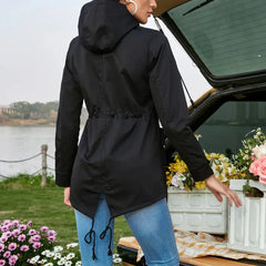 Aurelia - Black Drawstring Waist Hooded Coat
