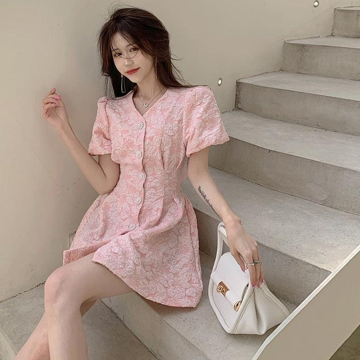 Dresses Women Mini Vestidos Romance Backless Chic Tunic Fashion Femme Sweet Summer Holiday French Style Single Breasted Sundress