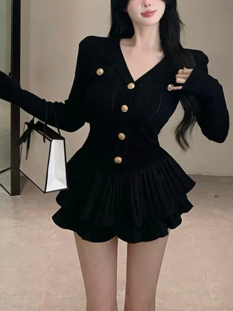 Korean Casual Slim Outfit Set - Cardigan & Mini Skirt
