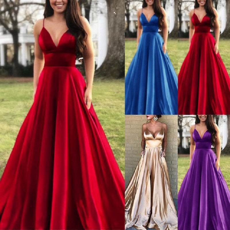 Dresses for Women Elegant Sexy Wedding Party Prom V-neck Sleeveless Sling Backless Satin Maxi Red Plus Size Clothes