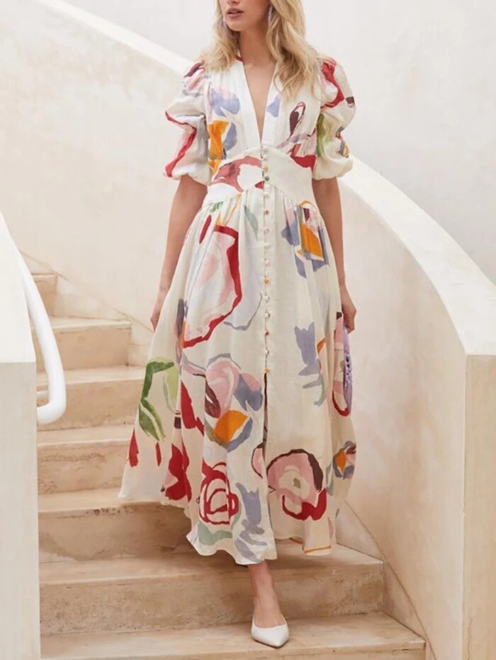 Dresses For Women 2023 Summer Sexy Print Long Maxi Dress Ladies Elegant Button Up Boho Floral Ruffles Pink Robe Vestidos