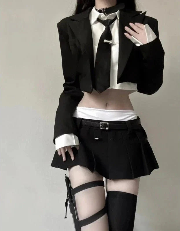 Korean Slim Office Outfit Set - Blazer, Shirt & Mini Skirt