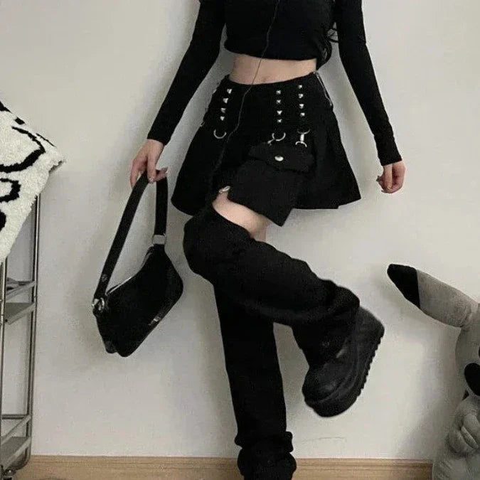 Gothic Y2K Outfit Set - Mini Skirt, Leg Warmers, Handbag