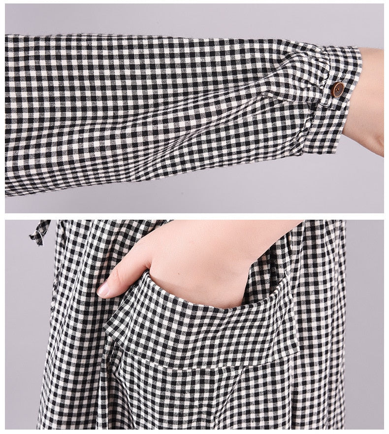 Dresses for Women Loose Stitching Cotton and Linen Plaid Long-sleeved Dress Women's Lace-up Waist Midi Skirt  Elegantly
