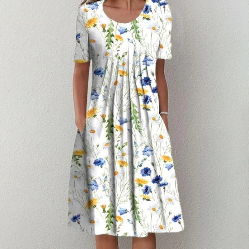 Dresses O-neck Knee-length Casual Print Empire Pullover Cotton Loose Women's Clothing Short Sleeve Summer Comfortable Leisure