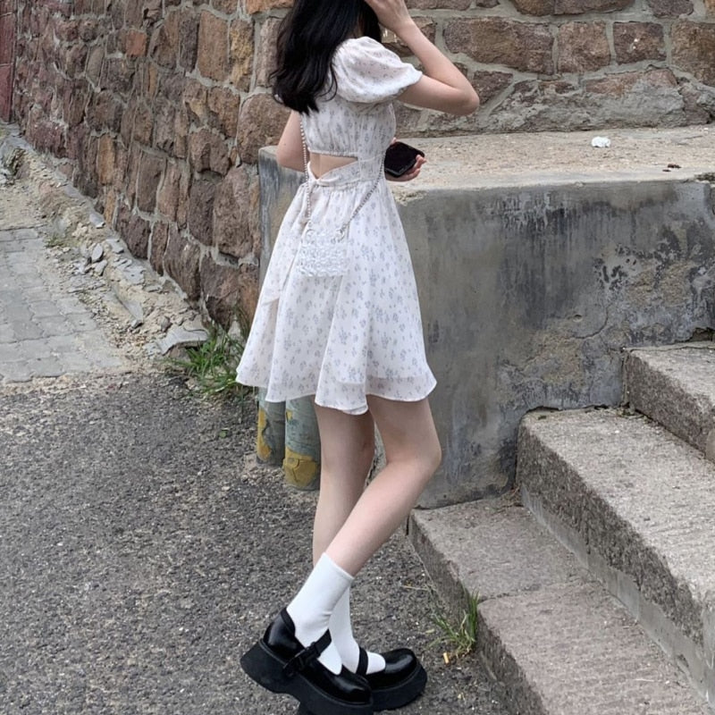 Dresses Women Puff Sleeve Holiday Sundress Hollow Out Floral Design Korean Style College Lovely Simple Trendy Summer Vestidoes