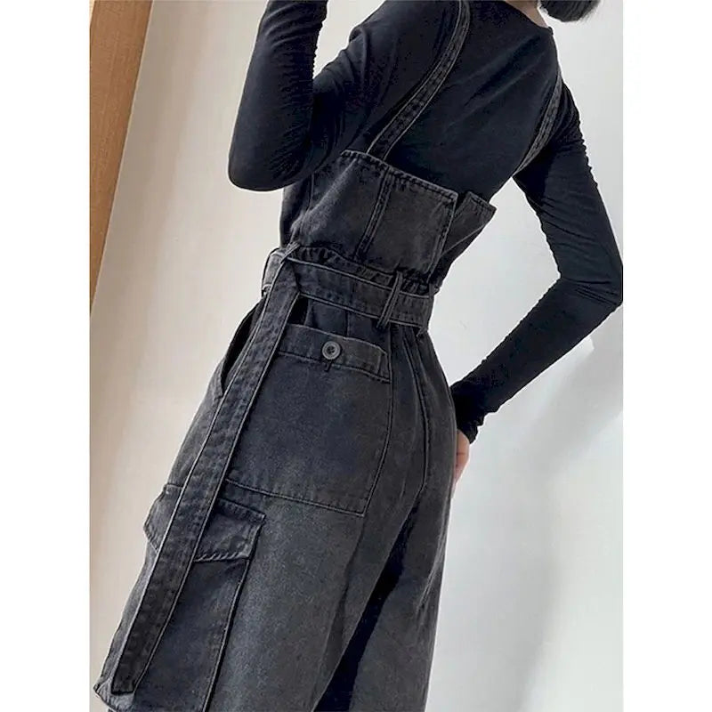 Black Denim Wide Overalls
