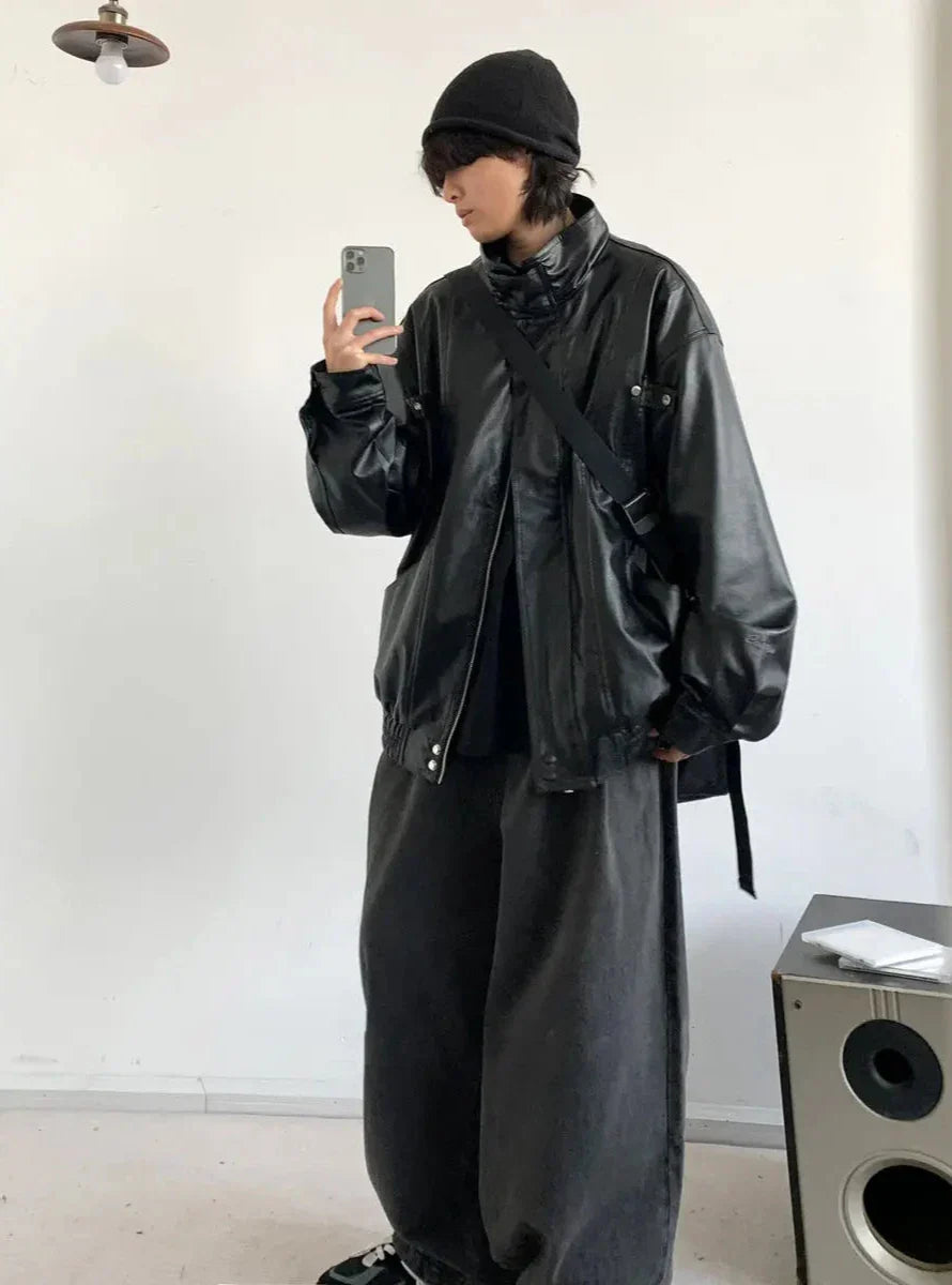 Loose Korean Casual Outfit Set - Leather Jacket, Shirt & Pants