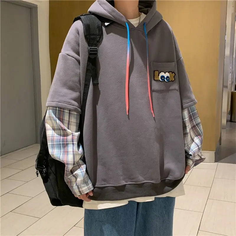 Plaid Spliced Lace-Up Hoodie
