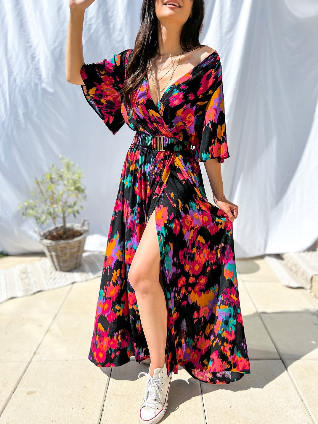 Elegant Casual Long Dress Ruffles Slit A Line Sexy Deep V Neck Print Floral Vestidos Boho Evening Prom Maxi Dress