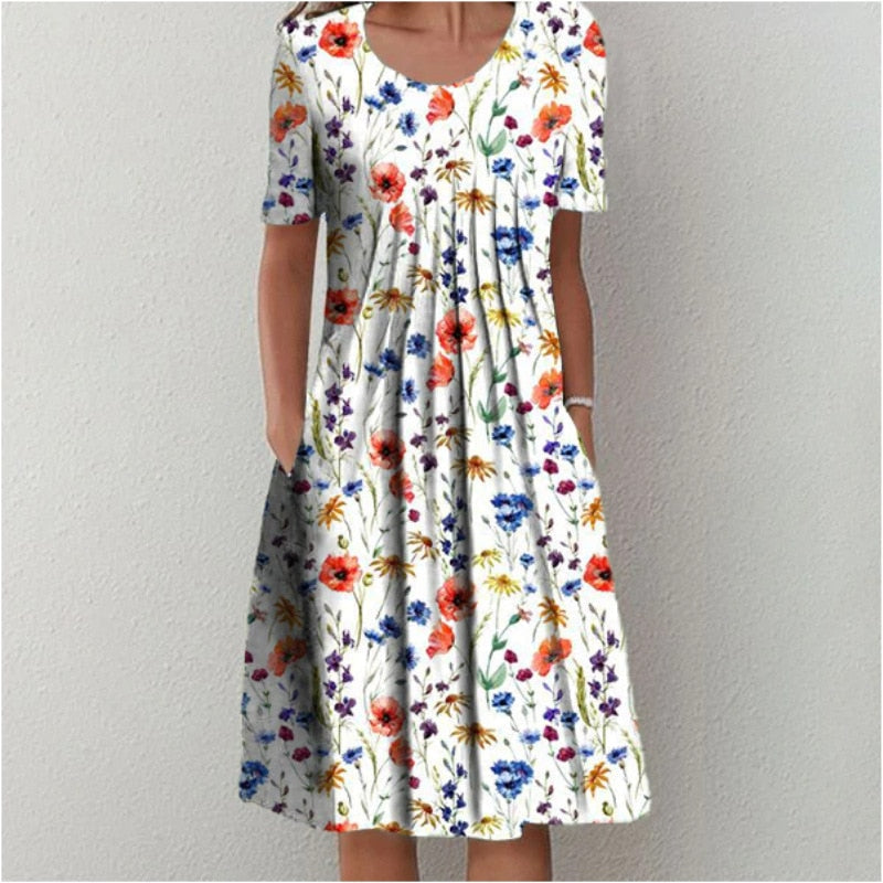 Dresses O-neck Knee-length Casual Print Empire Pullover Cotton Loose Women's Clothing Short Sleeve Summer Comfortable Leisure
