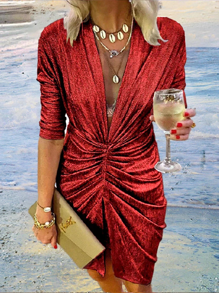 Elegant Bright Silk Long Sleeve Ruched Mini Dress Women Sexy Deep V Slit Night Club Party Evening Dress Female Autumn Vestidos