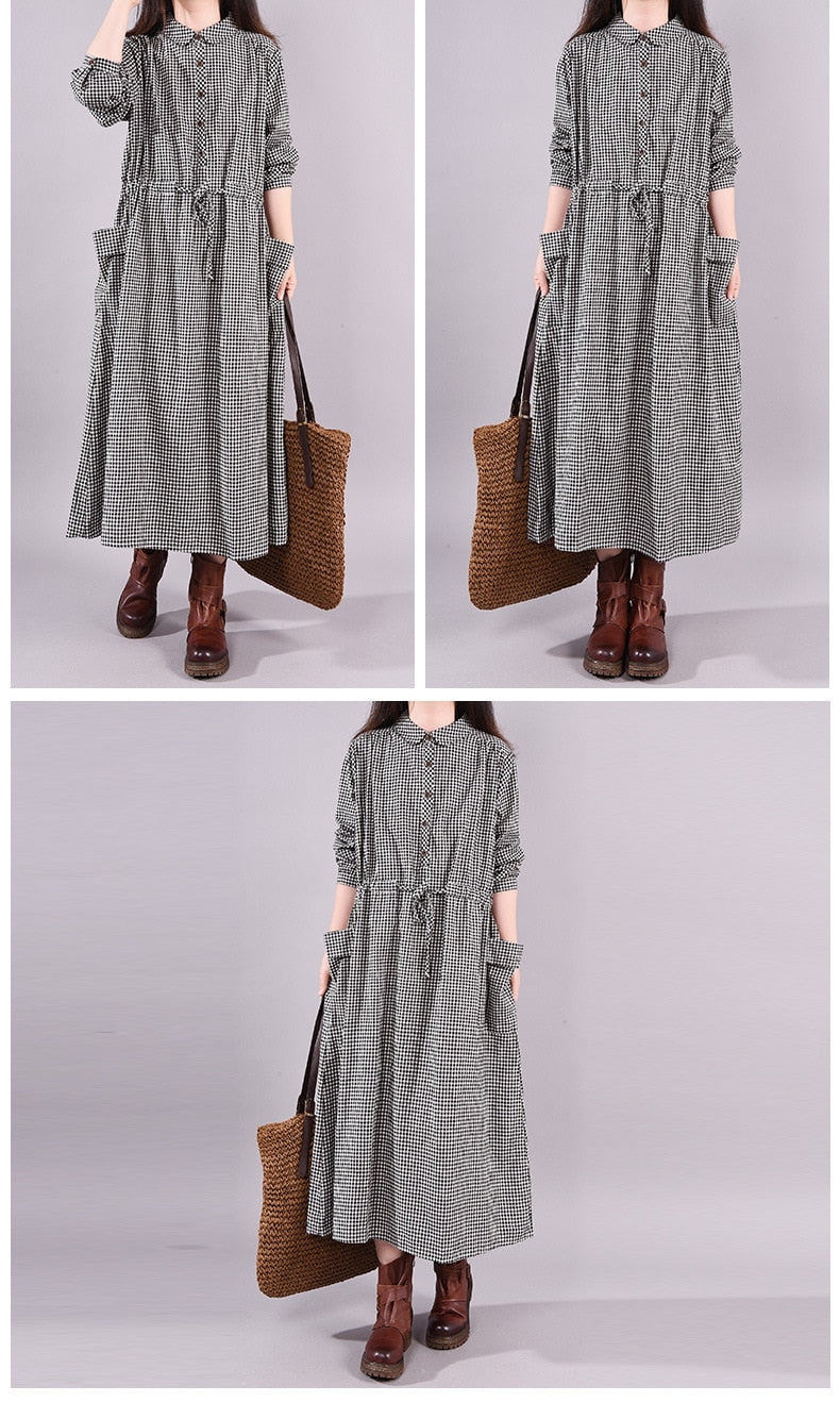 Dresses for Women Loose Stitching Cotton and Linen Plaid Long-sleeved Dress Women's Lace-up Waist Midi Skirt  Elegantly