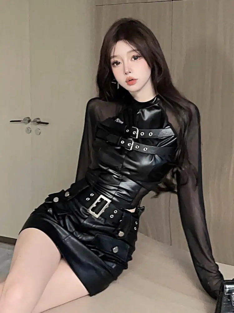 Gothic Leather 2 Piece Set - Top & Skirt
