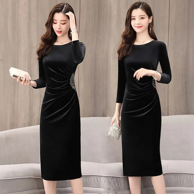 Elegant Long Sleeve Korean Evening Party Dress