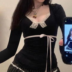 Y2K Slim Lace Bow Top