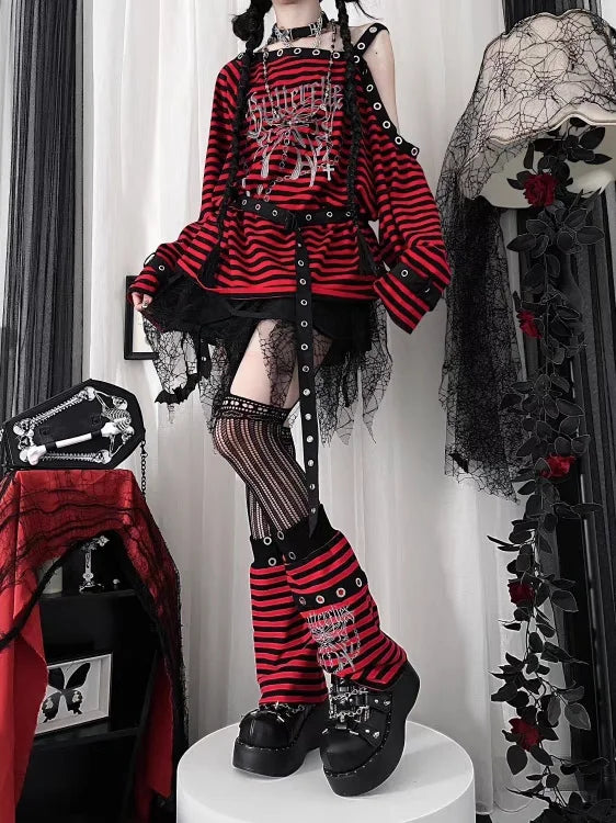 Harajuku Punk Striped Top & Leg Warmers