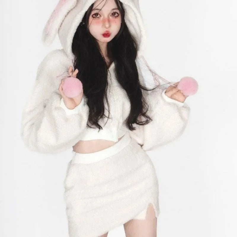 Kawaii Fluffy Rabbit Outfit Set - Hoodie & Skirt