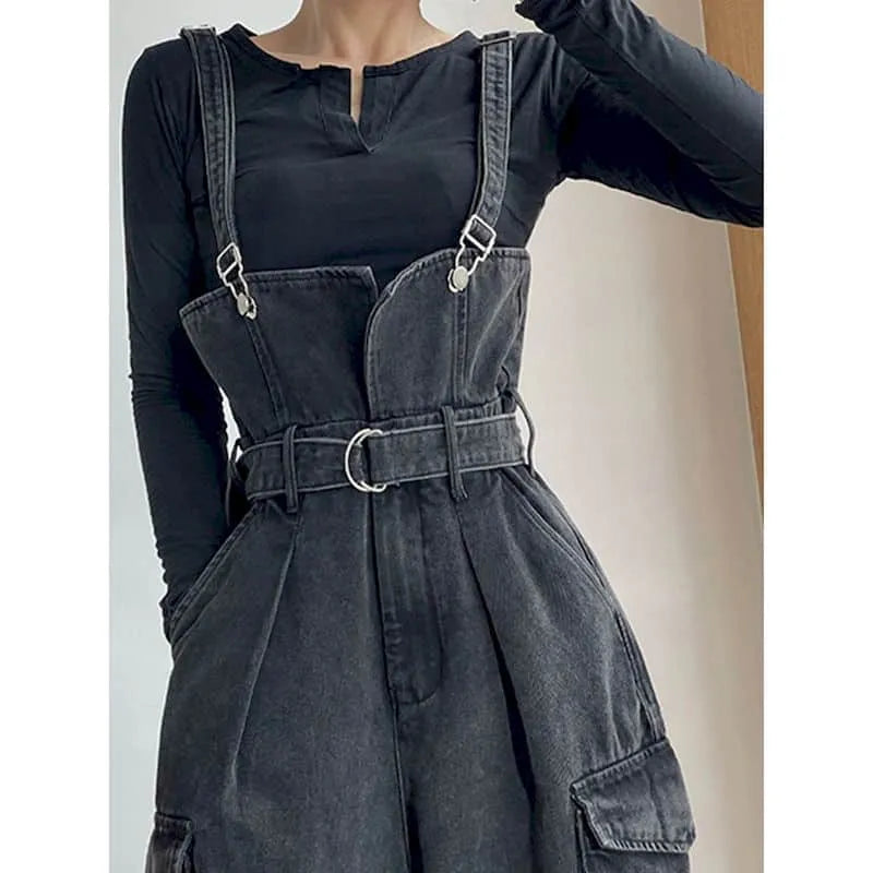 Black Denim Wide Overalls