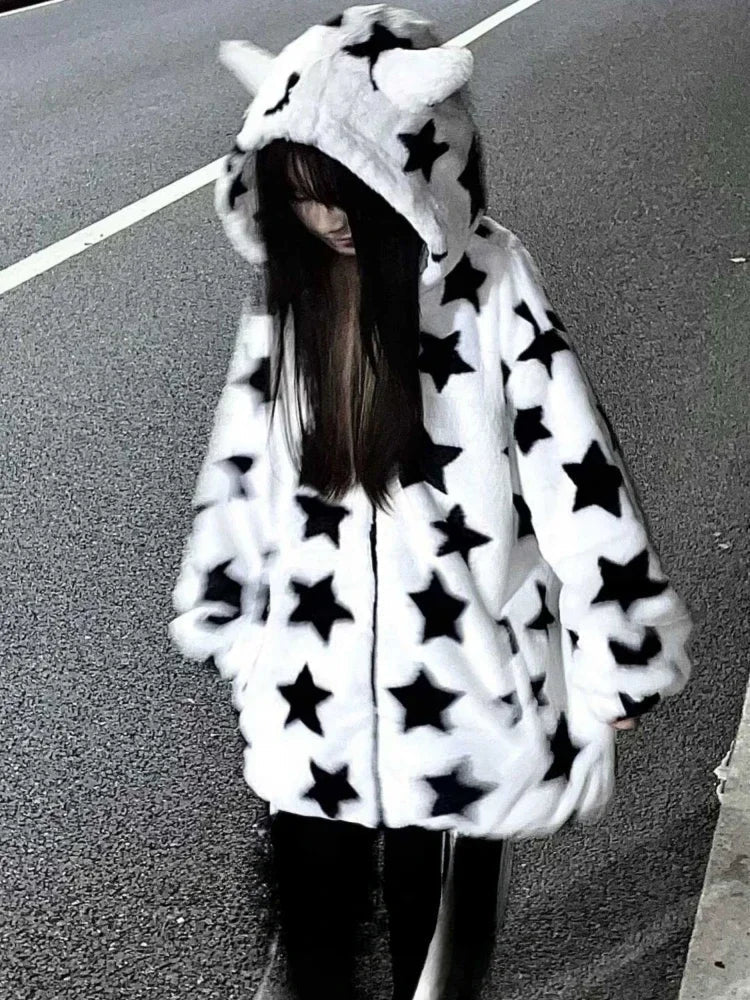 Oversize Fluffy Star Hoodie Y2k