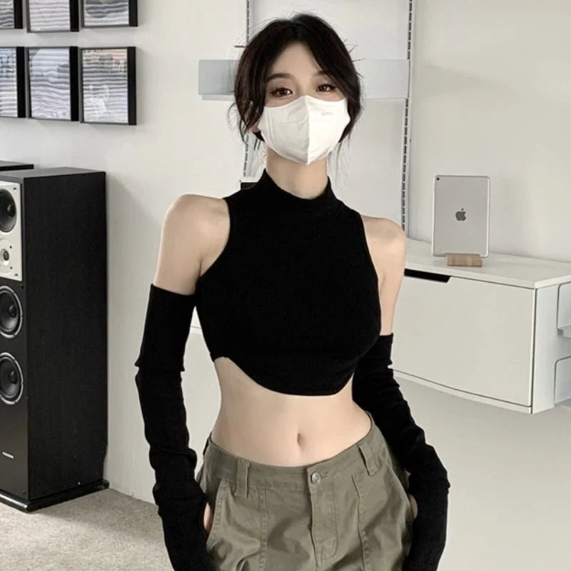 Y2K Dark Outfit Set - Crop Top & Arm Warmers