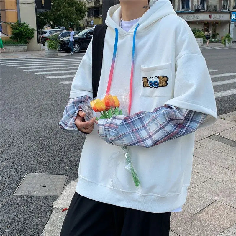 Plaid Spliced Lace-Up Hoodie