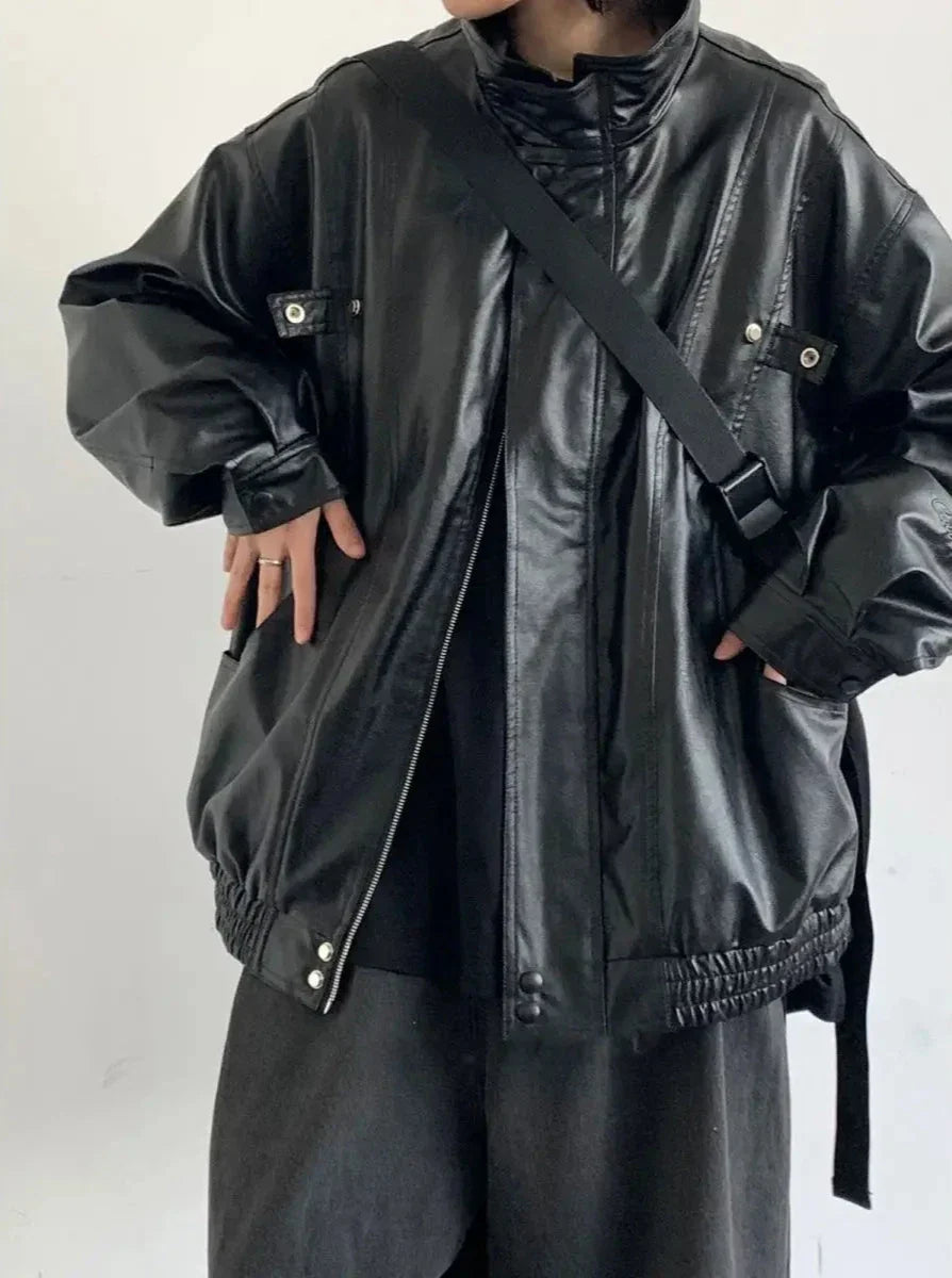 Loose Korean Casual Outfit Set - Leather Jacket, Shirt & Pants
