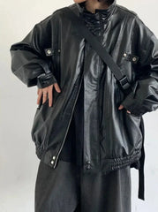 Loose Korean Casual Outfit Set - Leather Jacket, Shirt & Pants