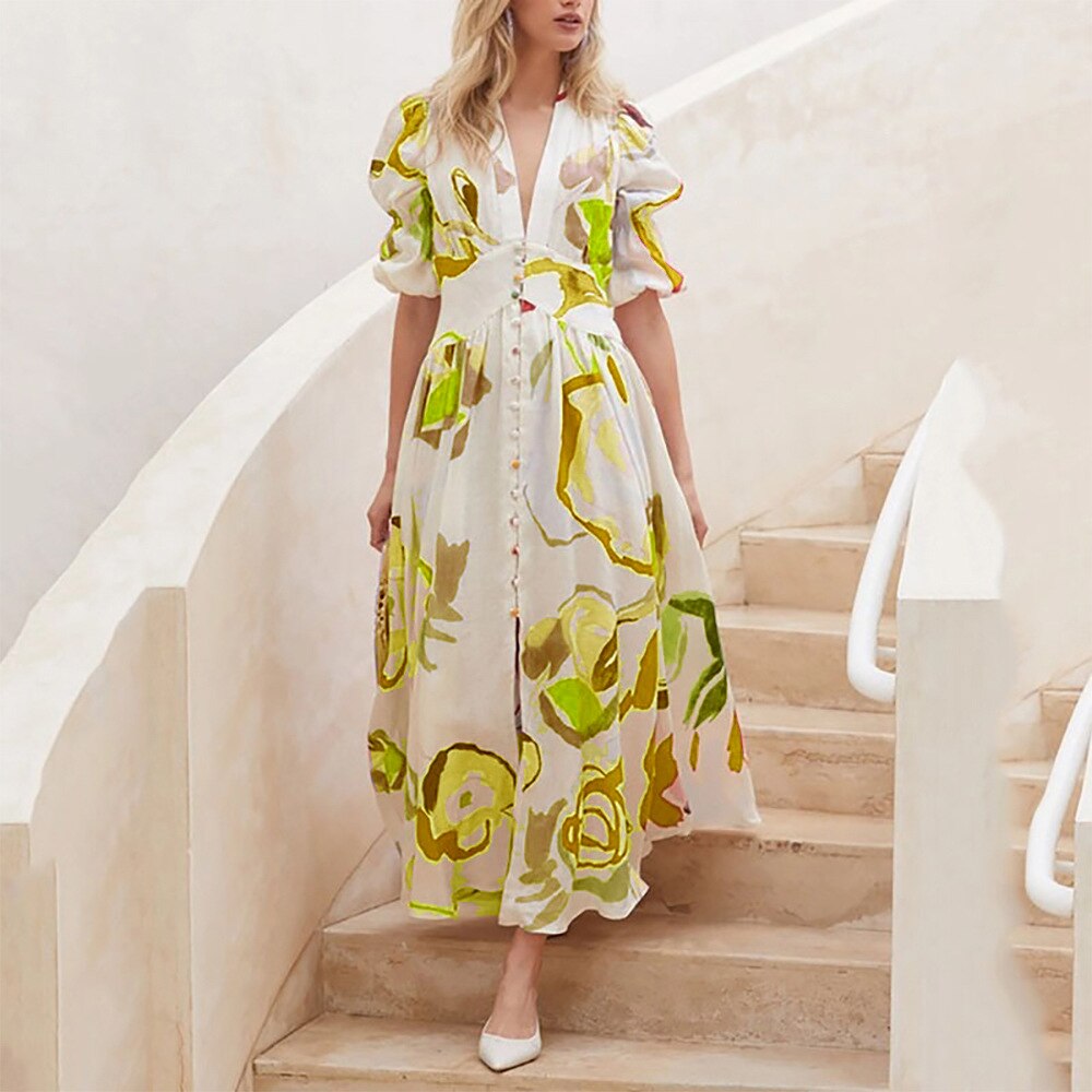 Dresses For Women 2023 Summer Sexy Print Long Maxi Dress Ladies Elegant Button Up Boho Floral Ruffles Pink Robe Vestidos