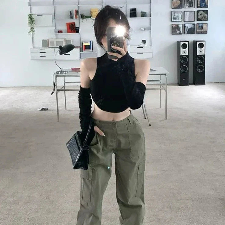 Y2K Dark Outfit Set - Crop Top & Arm Warmers