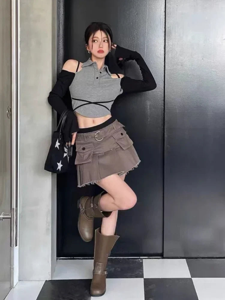 Y2K Off-Shoulder Patchwork Crop Top