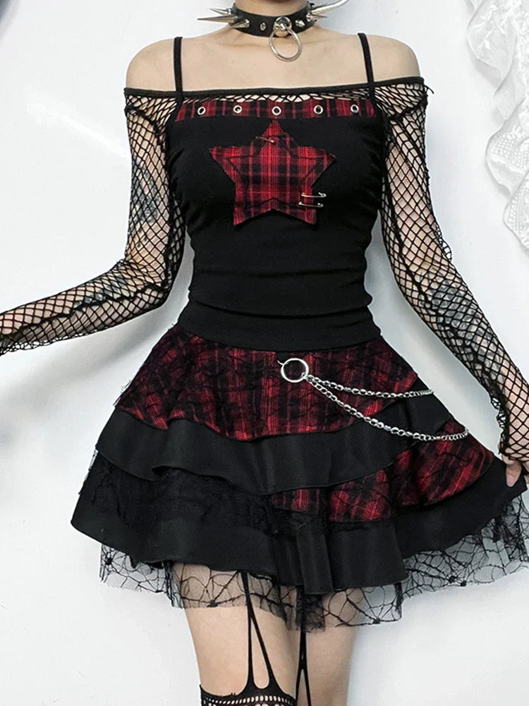 Y2K Red Plaid Gothic Dress