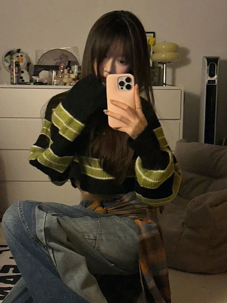 Grunge Striped Cropped Loose Sweater