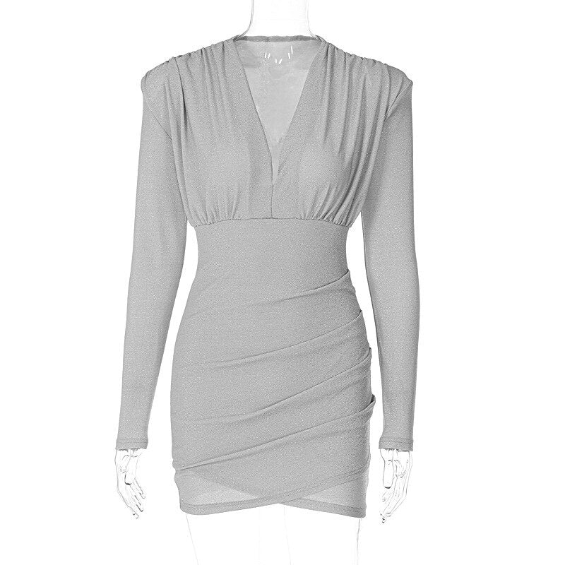 Elegant Autumn Deep V Shoulder Pads Long Sleeve Mini Dress for Women Fashion Sexy Bodycon Ruched Party Club Dresses
