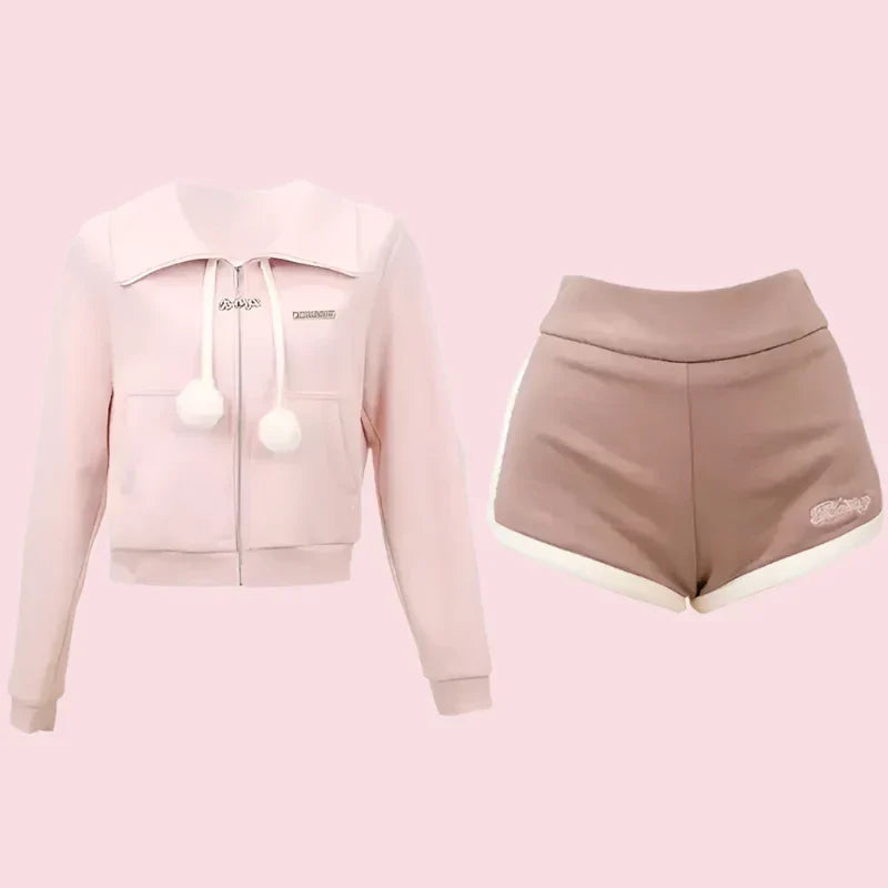 Warm Kawaii Outfit Set - Hooded Coat & Shorts
