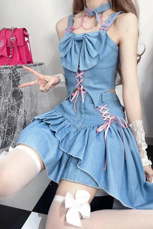 Cute Korean Denim Outfit Set - Top & Skirt