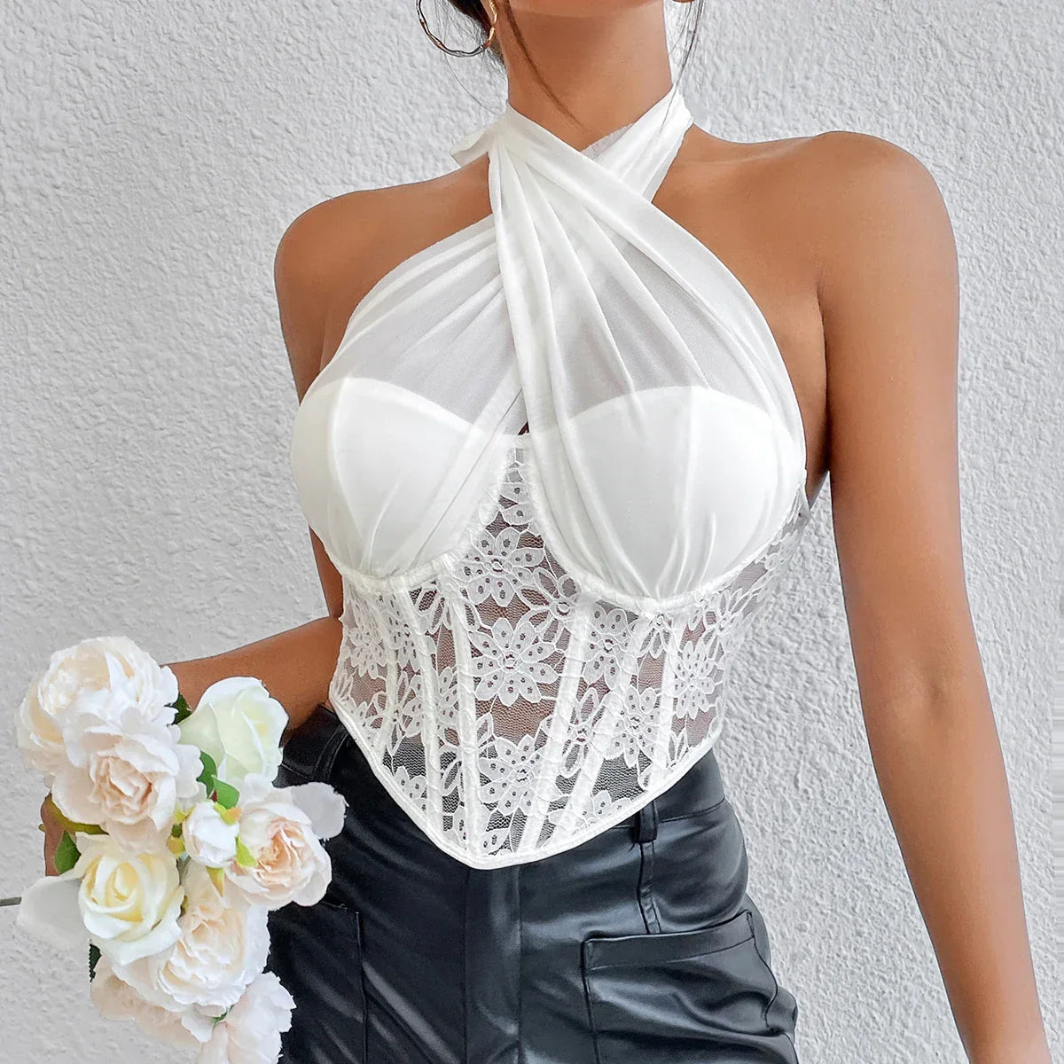 Maggie - Lace Mesh Cross Halter-Neck Top
