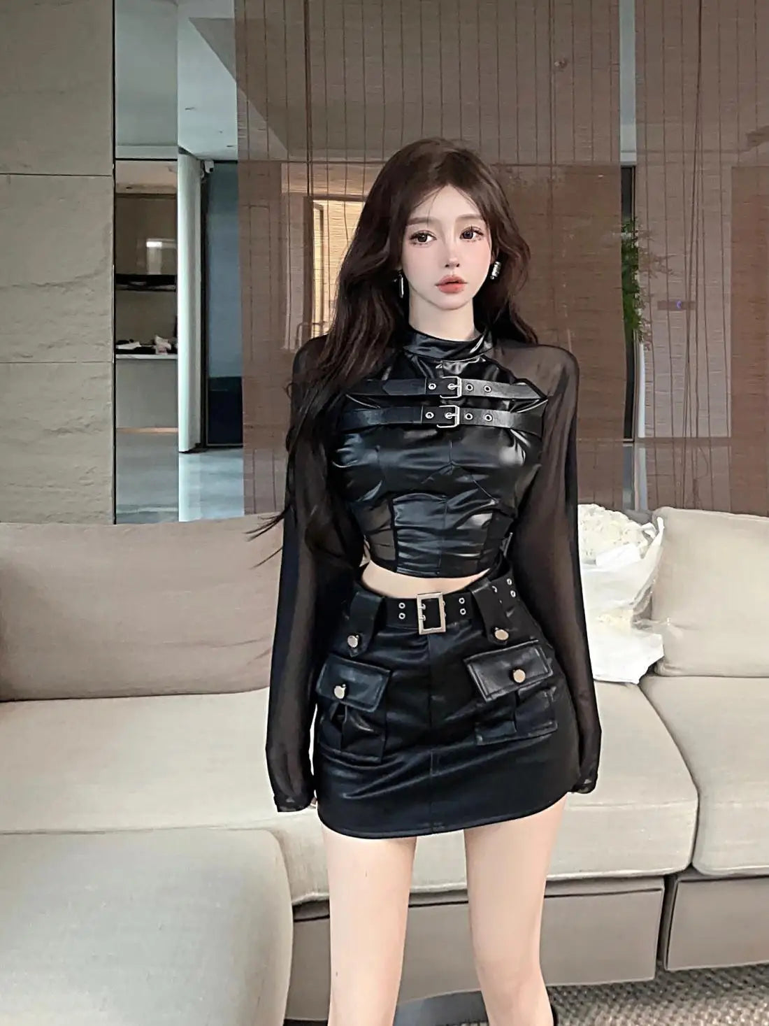 Gothic Leather 2 Piece Set - Top & Skirt