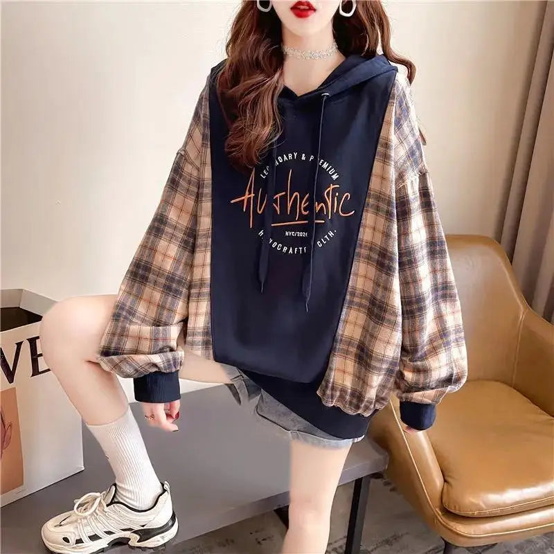 Korean Oversized Plaid Hoodie