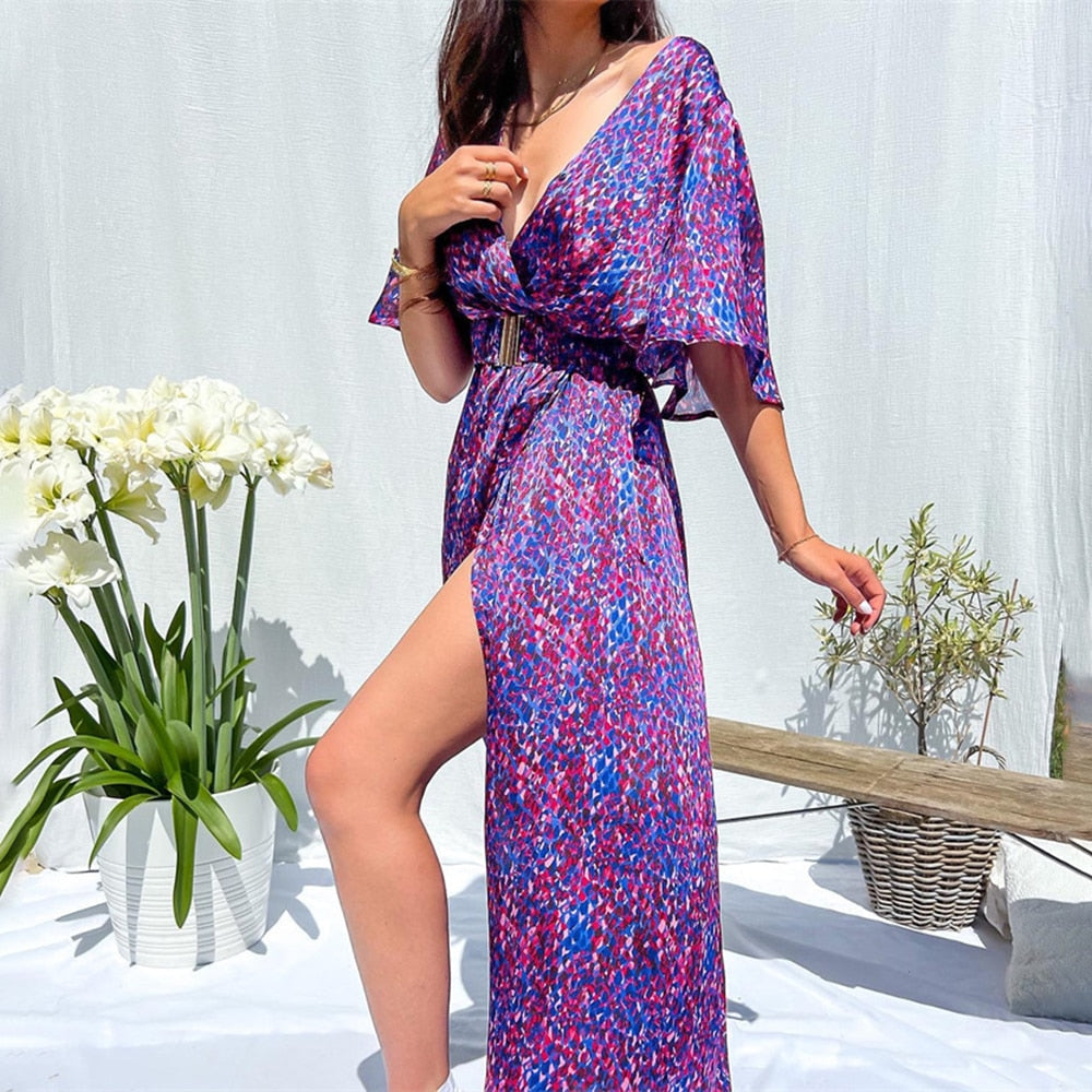 Elegant Casual Long Dress Ruffles Slit A Line Sexy Deep V Neck Print Floral Vestidos Boho Evening Prom Maxi Dress