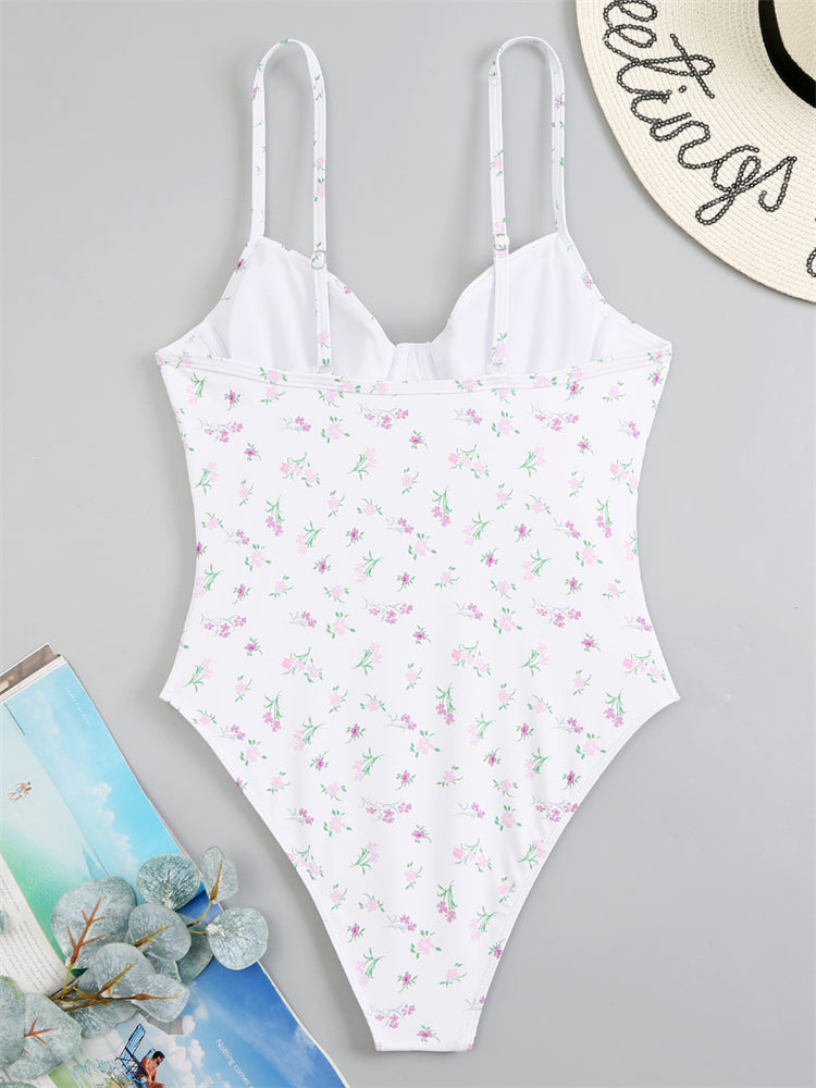 Olive Floral Print Underwired One Piece Swimsuit - White