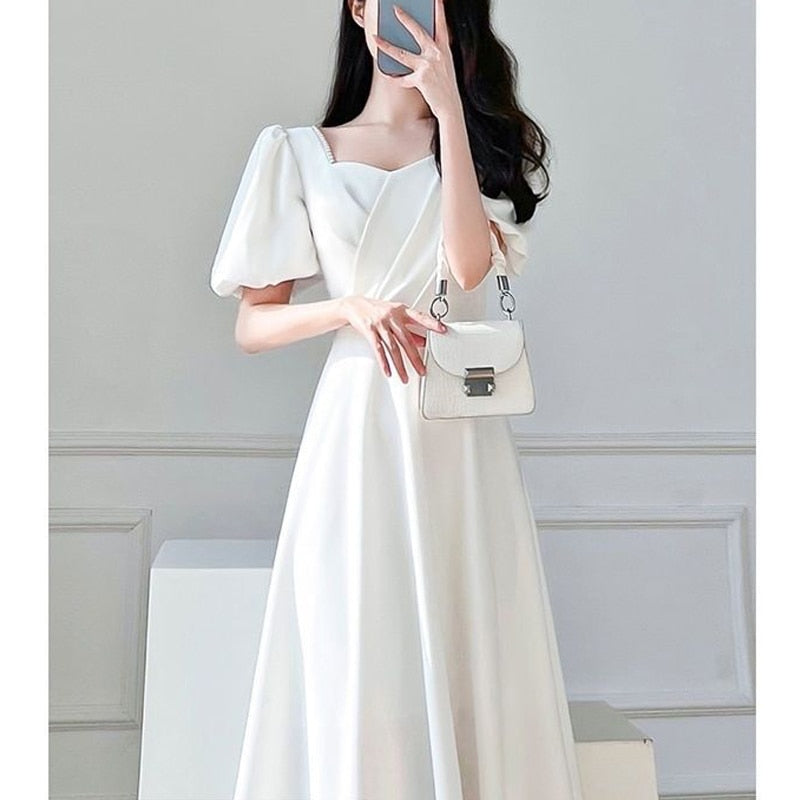 Elegant Chic Beads Square Collar White Party Dresses for Women Summer Ruffled Puff Short Sleeve Slim Fit Fairy Midi Dress Female