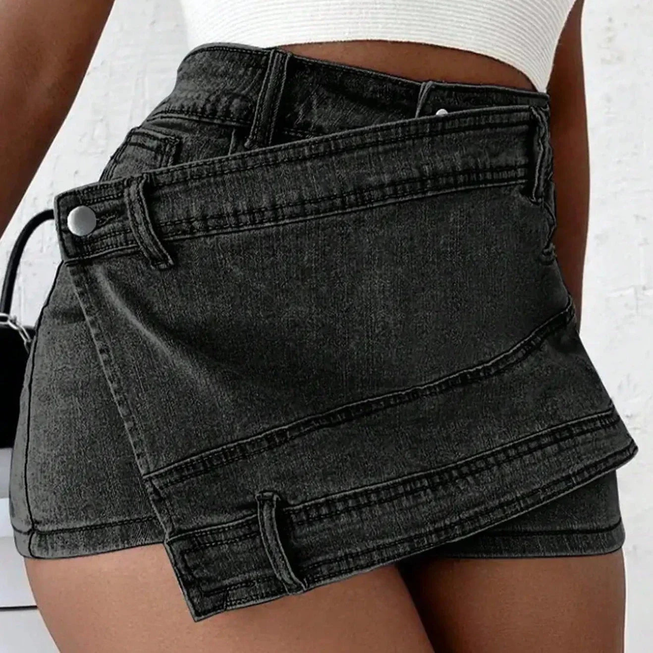 Belen - Irregular Wrap Mini Denim Shorts