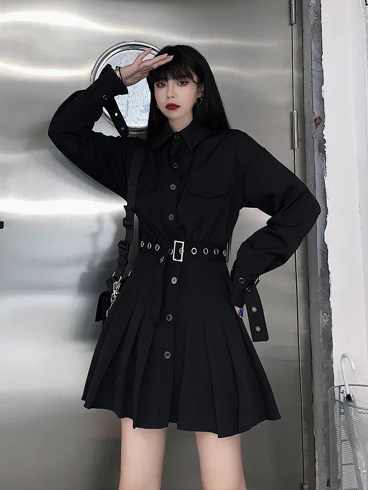 Korean Gothic Pleated Shirt Dress