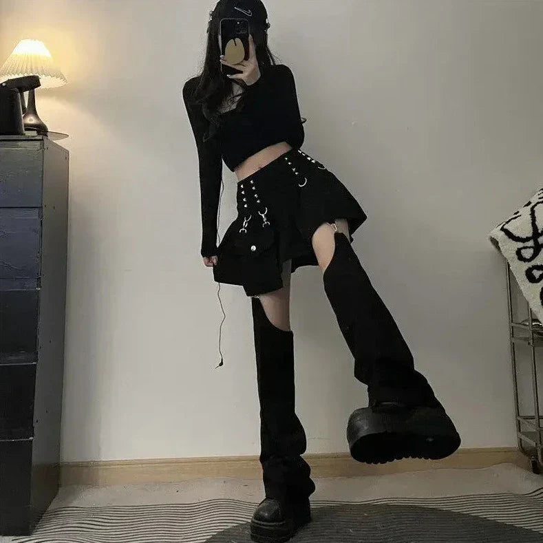 Gothic Y2K Outfit Set - Mini Skirt, Leg Warmers, Handbag