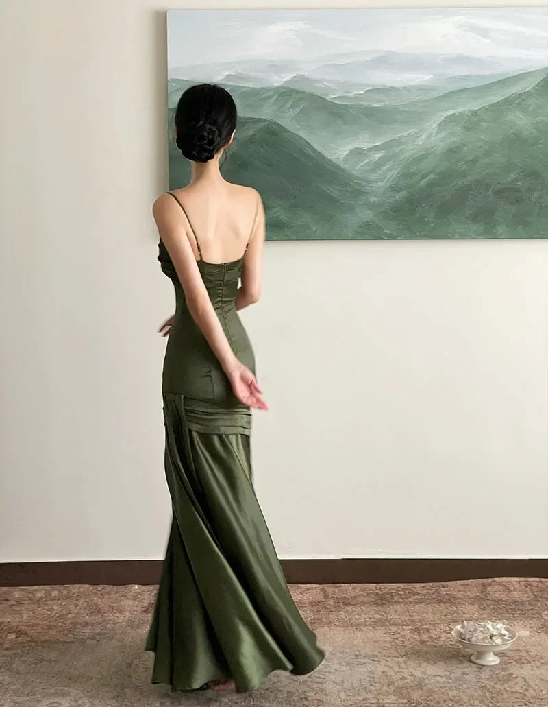 Elegant emerald green irregular patchwork evening dress
