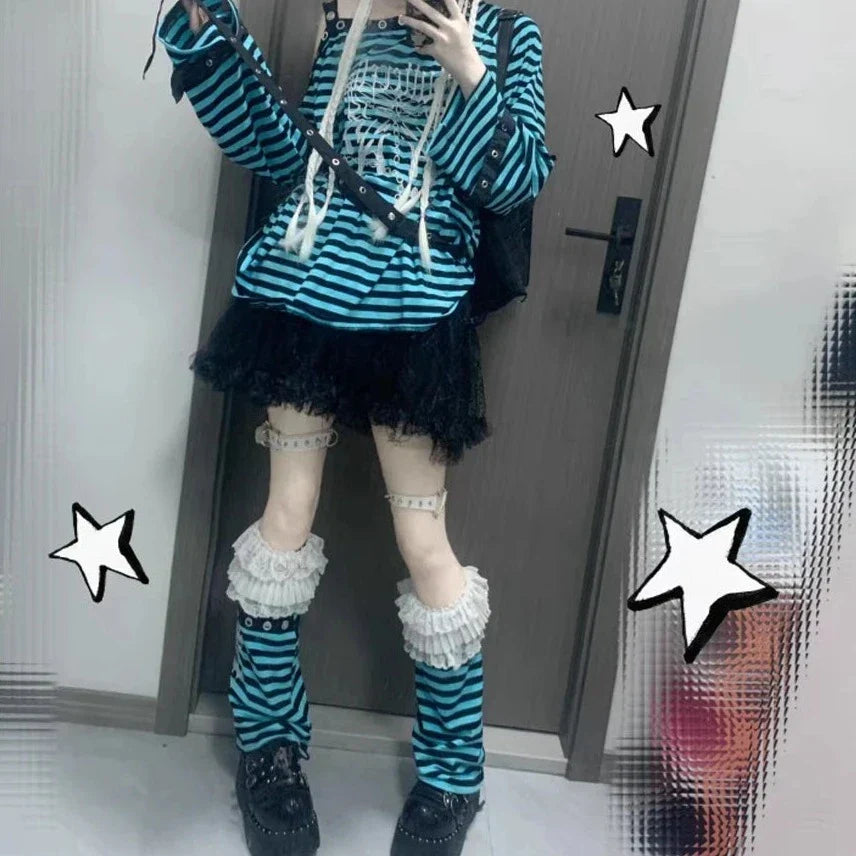 Harajuku Punk Striped Top & Leg Warmers