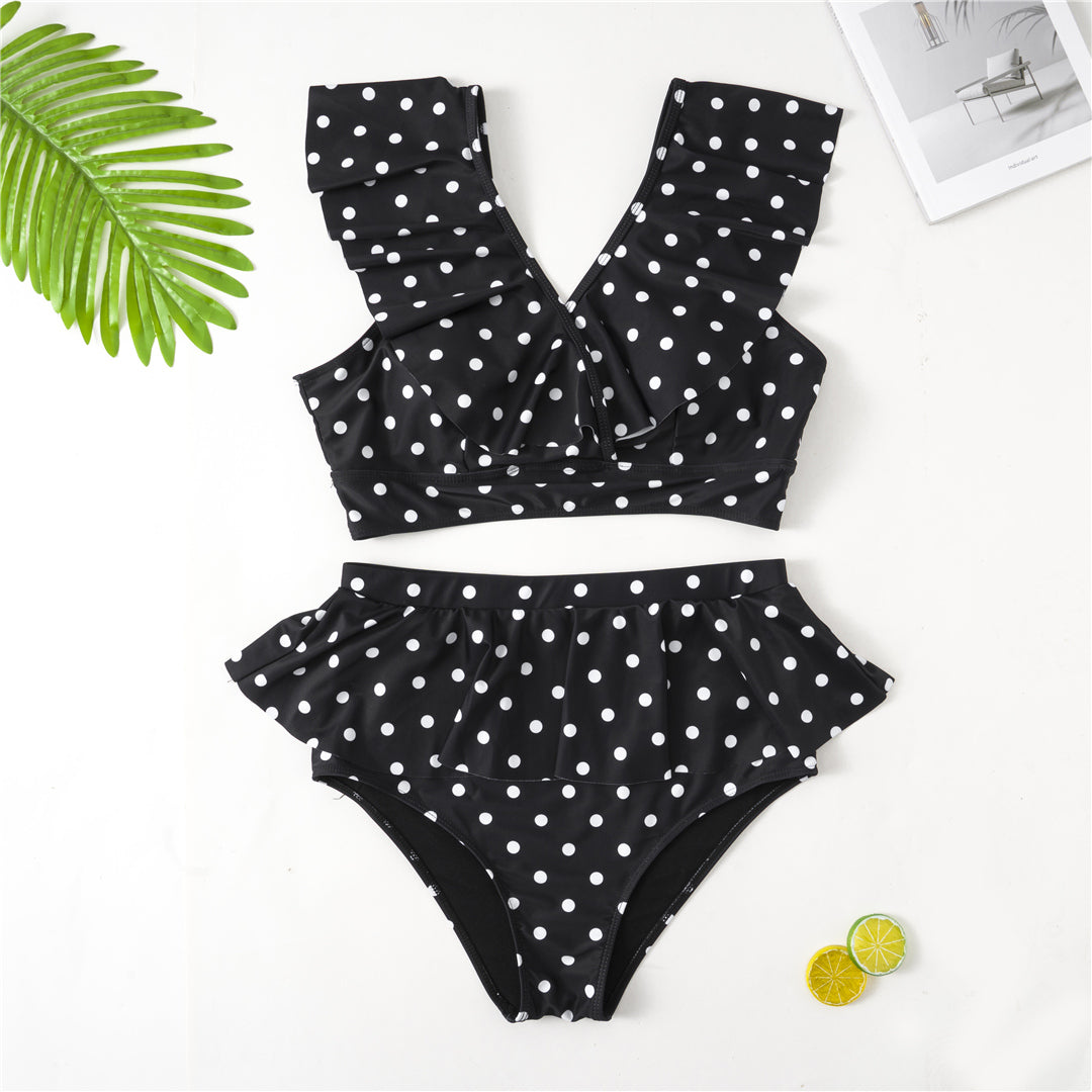 Black Polka Dot Print Ruffle Bikini Set